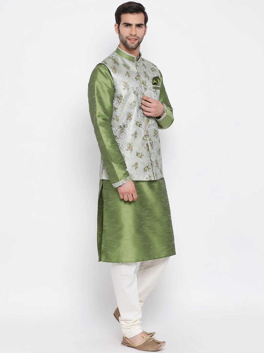 VASTRAMAY Men's Green Floral Jacquard Jacket With Silk Kurta and Pyjama Set