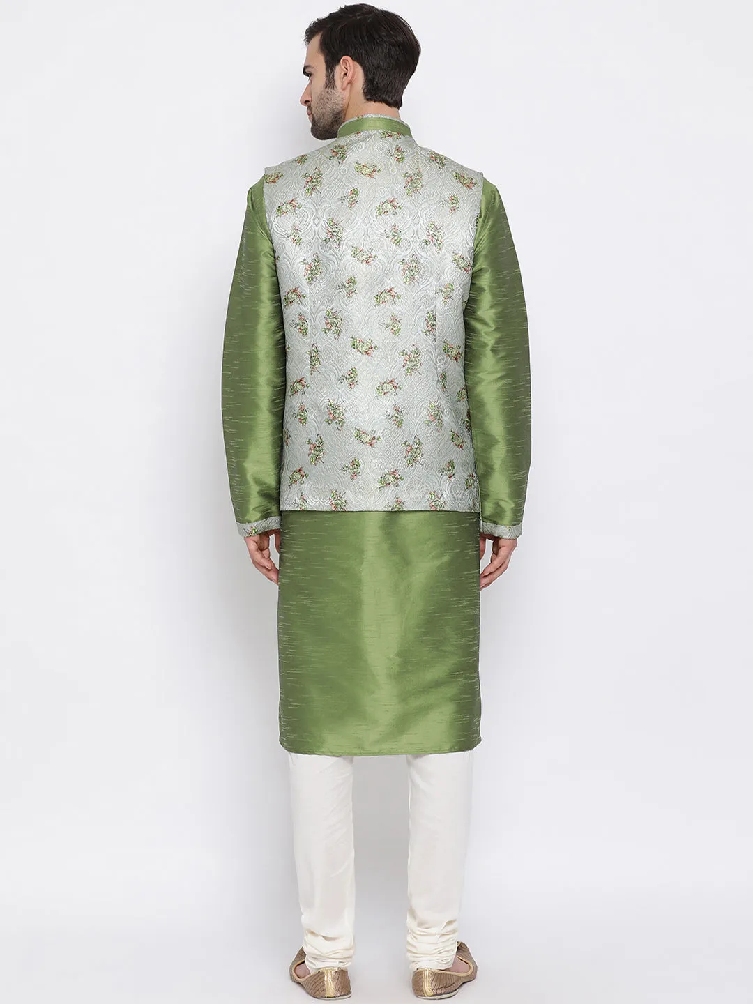 VASTRAMAY Men's Green Floral Jacquard Jacket With Silk Kurta and Pyjama Set