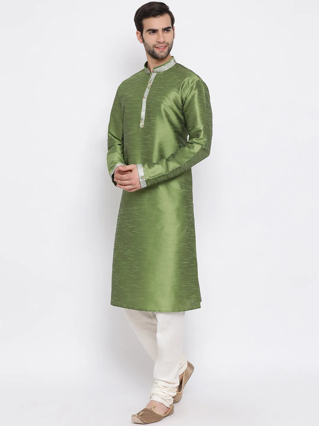 VASTRAMAY Men's Green Floral Jacquard Jacket With Silk Kurta and Pyjama Set