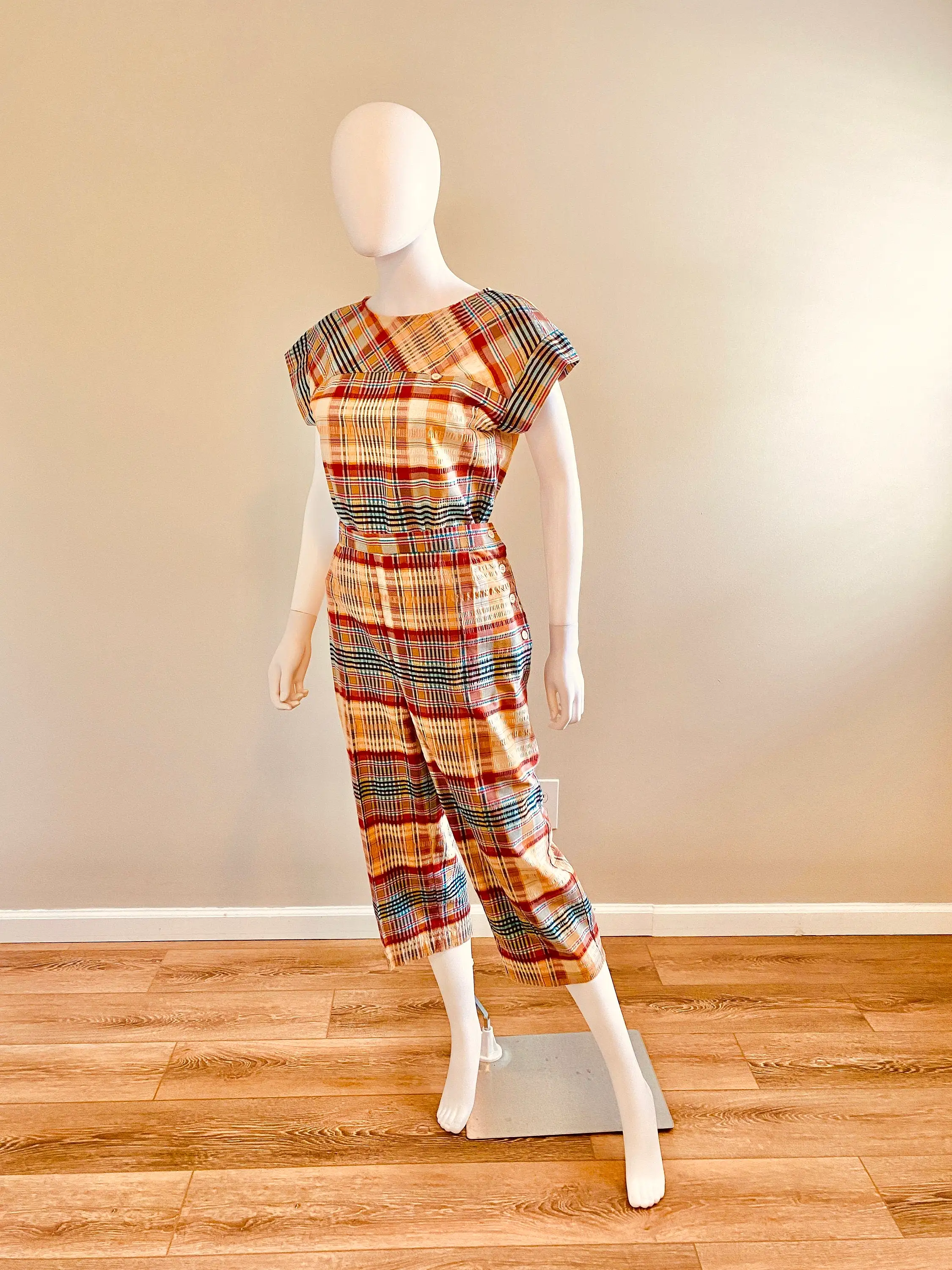 Vintage 1970s Madras Plaid Side Button Capri and Blouse Set / 70s does 1950s cotton pants and top / Size S