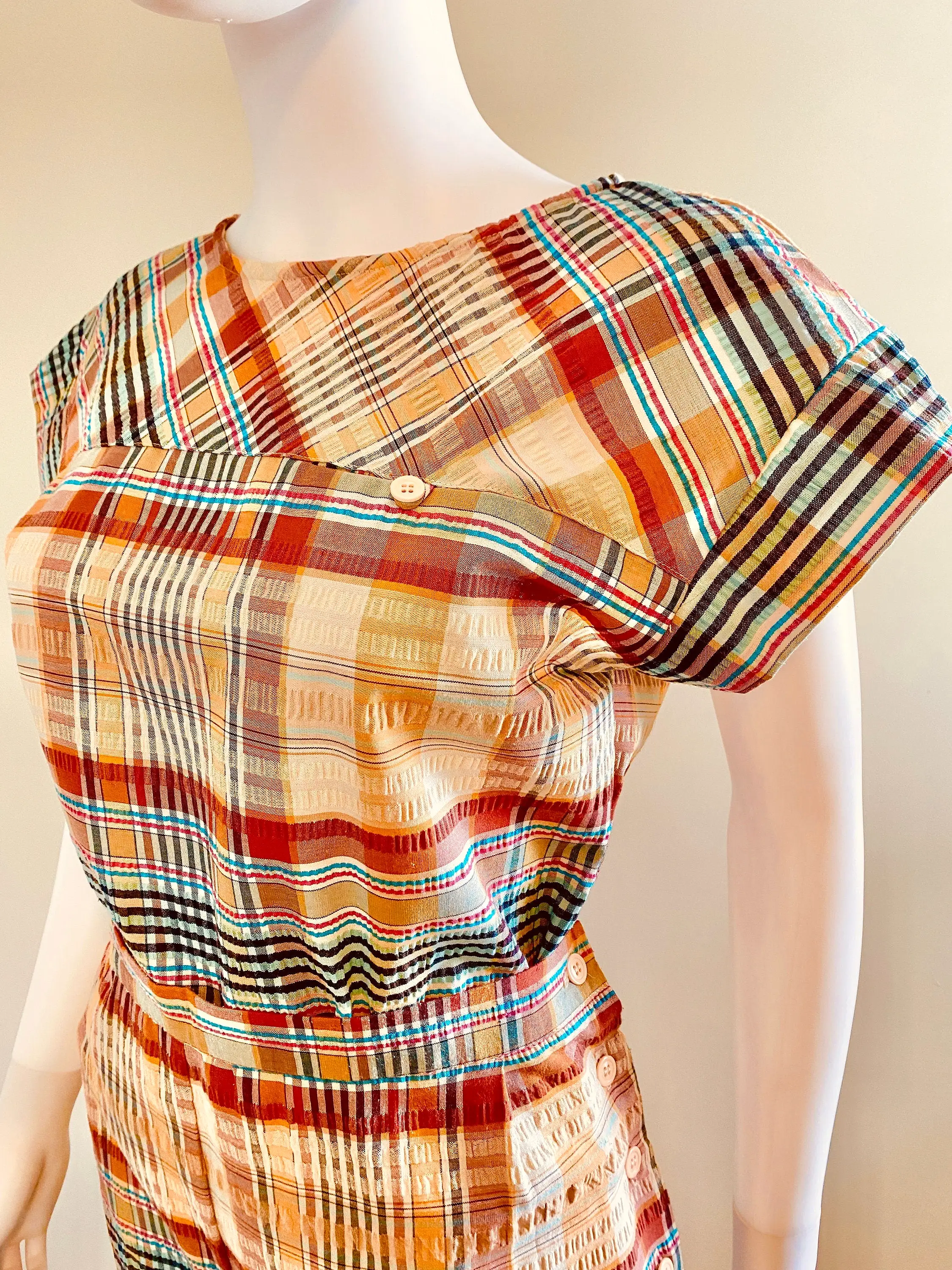 Vintage 1970s Madras Plaid Side Button Capri and Blouse Set / 70s does 1950s cotton pants and top / Size S