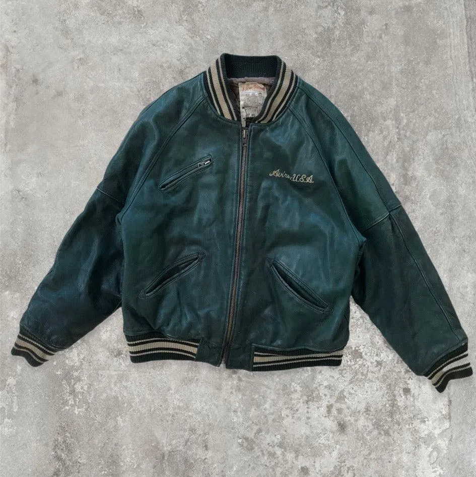 Vintage Avirex Spell-out Green Leather Bomber Jacket / Varsity Jacket