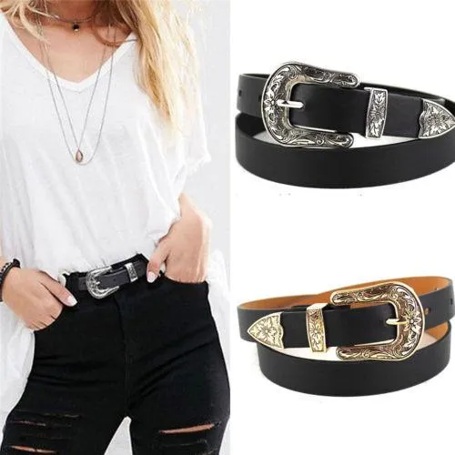 Western Black Synthetic Leather Women's Cowgirl Waist Belt with Metal Buckle