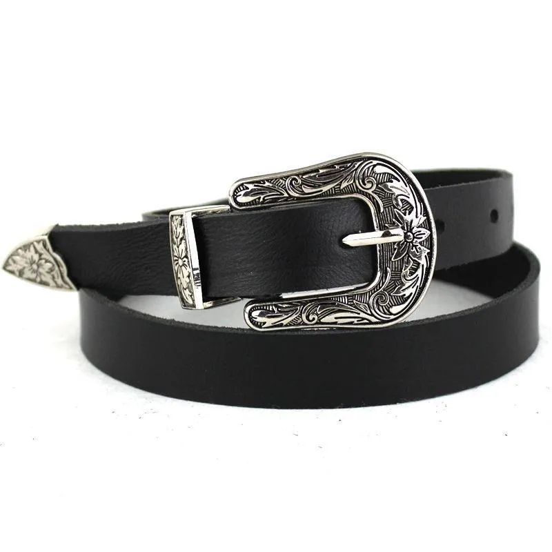 Western Black Synthetic Leather Women's Cowgirl Waist Belt with Metal Buckle