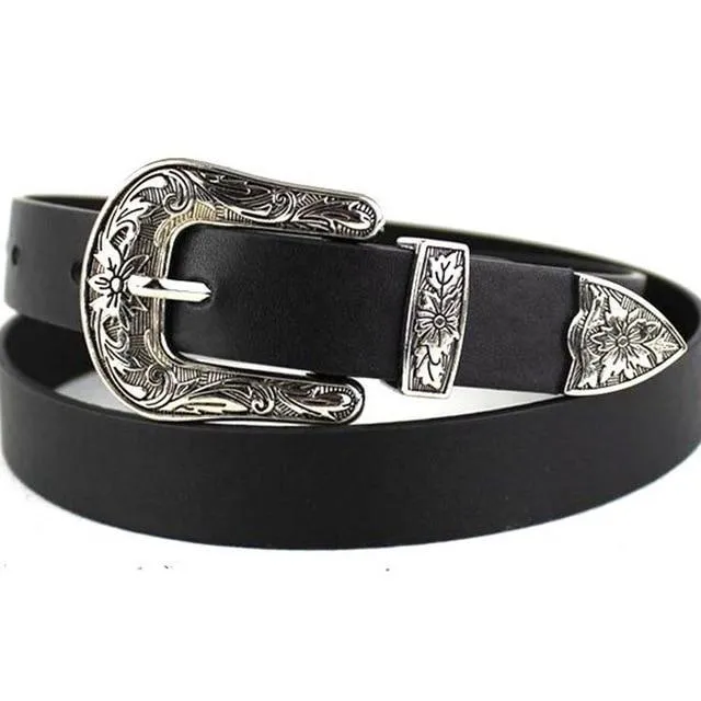 Western Black Synthetic Leather Women's Cowgirl Waist Belt with Metal Buckle