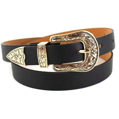 Western Black Synthetic Leather Women's Cowgirl Waist Belt with Metal Buckle