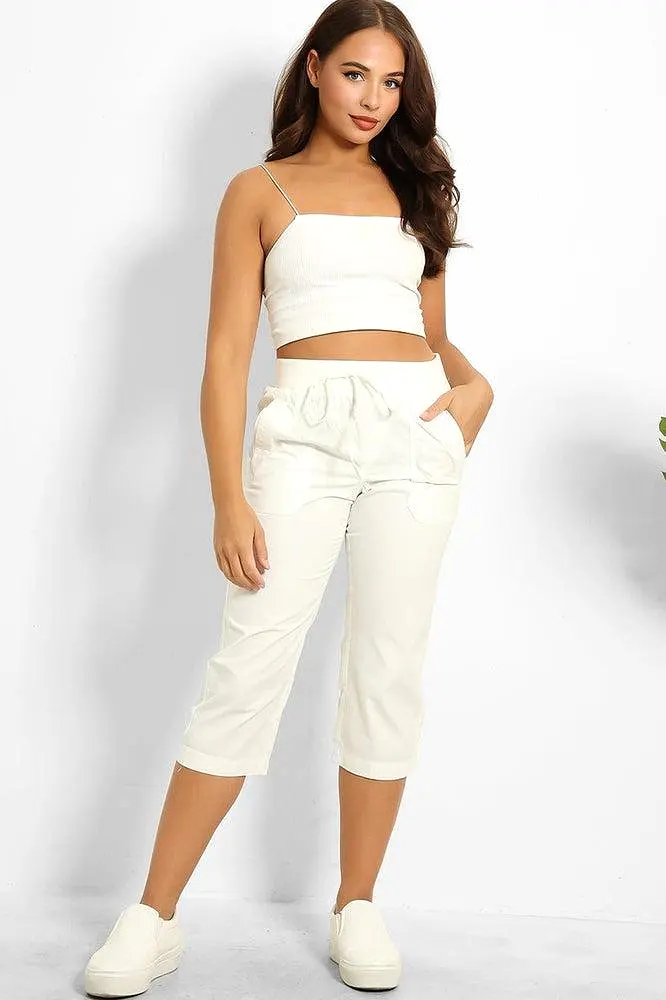 White 100% Cotton Twill Drawstring Waist Capris