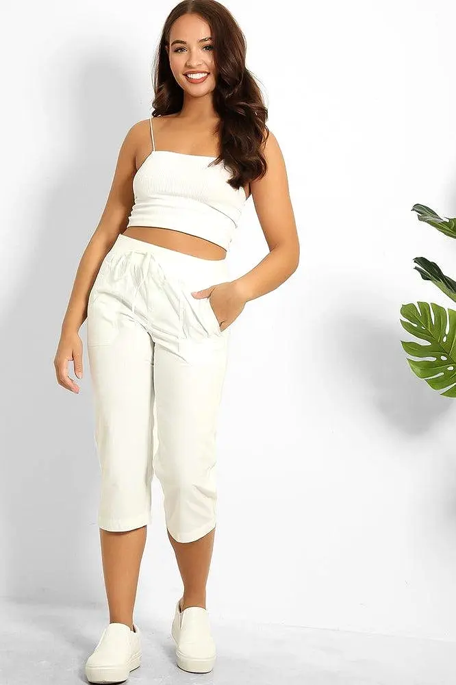 White 100% Cotton Twill Drawstring Waist Capris