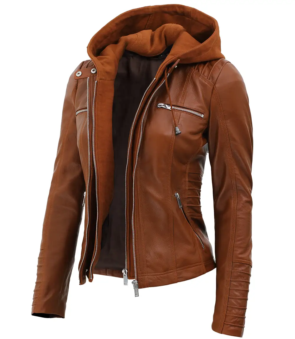 Women's Cognac Slim Fit Leather Jacket With Removable Hood - Limited Stock