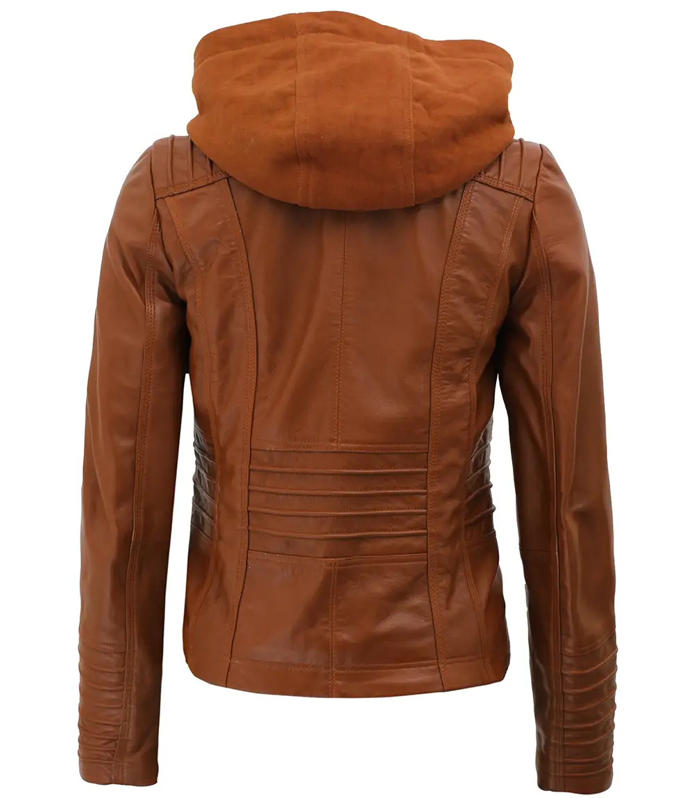 Women's Cognac Slim Fit Leather Jacket With Removable Hood - Limited Stock