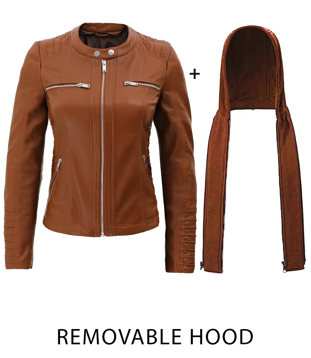 Women's Cognac Slim Fit Leather Jacket With Removable Hood - Limited Stock