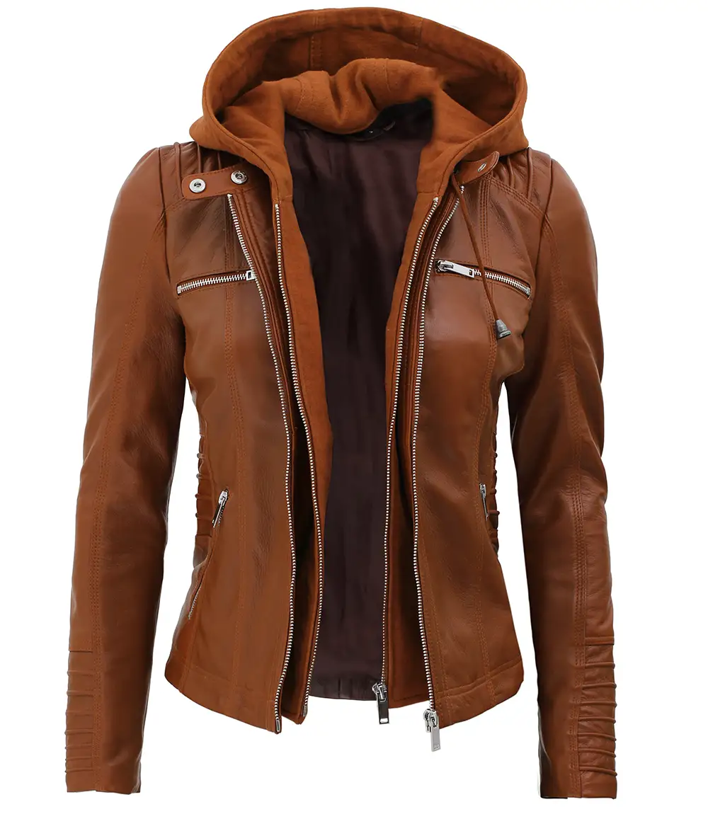 Women's Cognac Slim Fit Leather Jacket With Removable Hood - Limited Stock