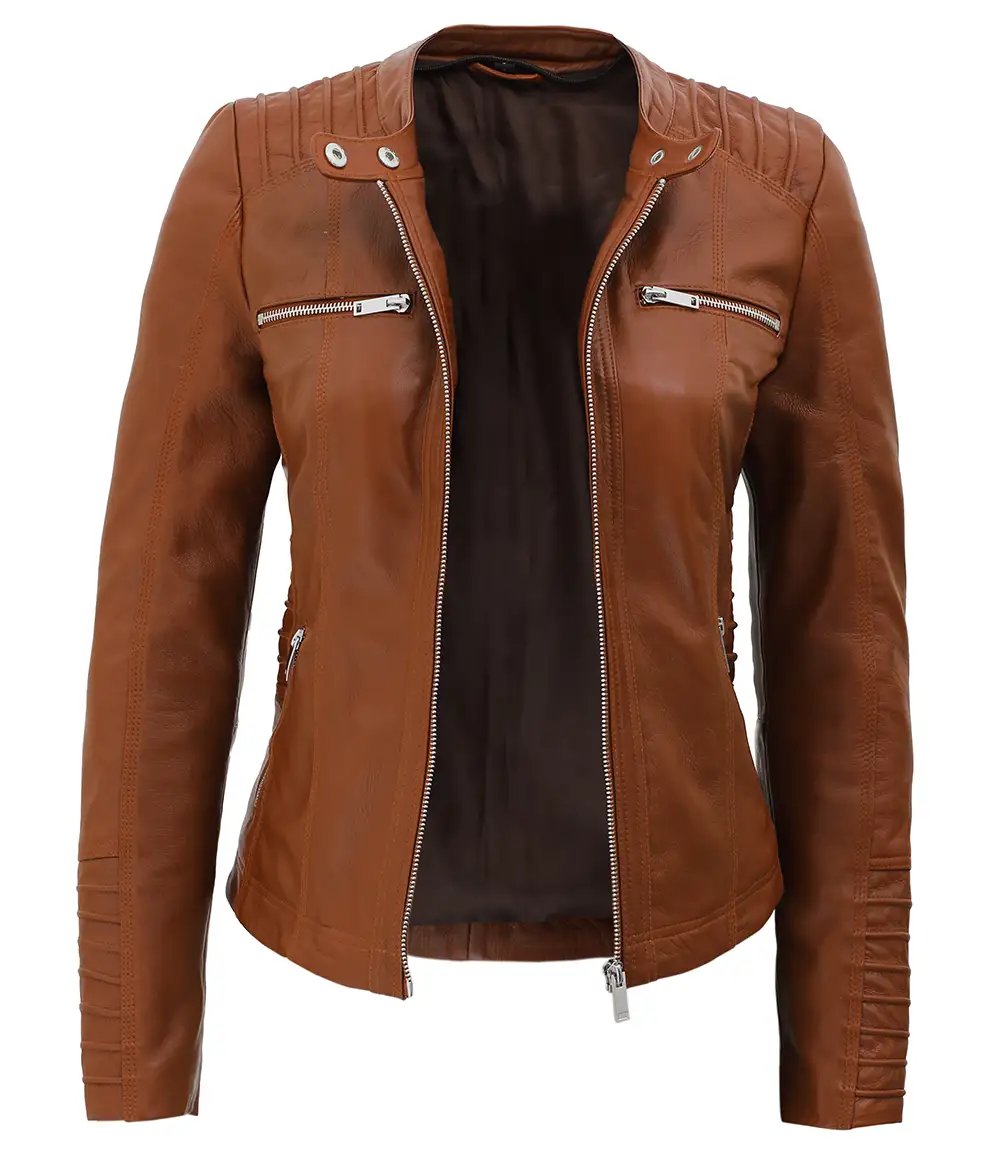 Women's Cognac Slim Fit Leather Jacket With Removable Hood - Limited Stock