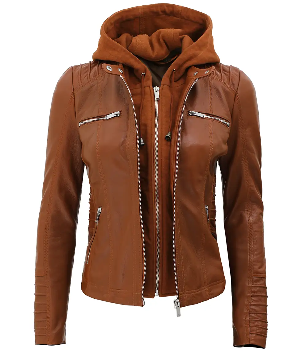 Women's Cognac Slim Fit Leather Jacket With Removable Hood - Limited Stock