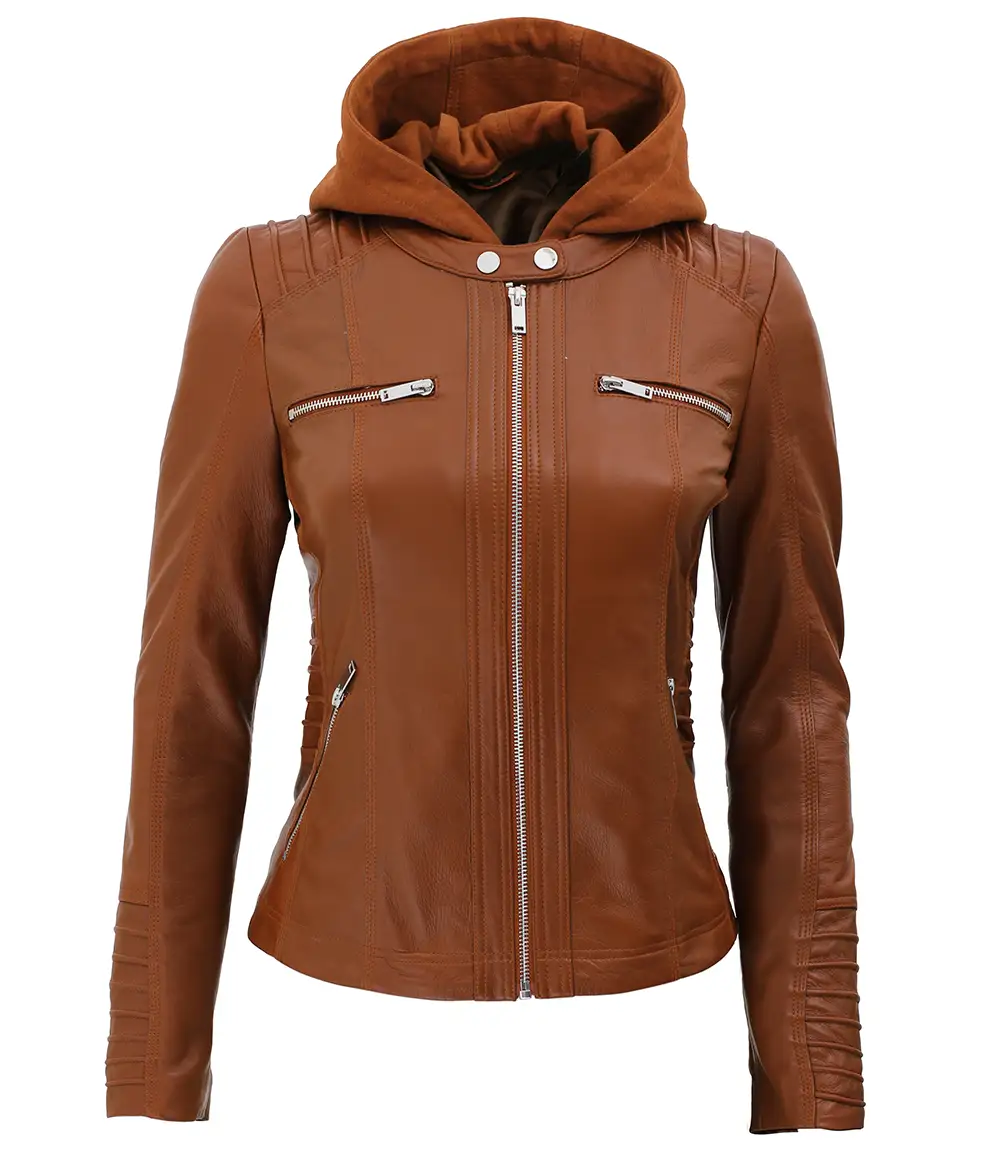 Women's Cognac Slim Fit Leather Jacket With Removable Hood - Limited Stock