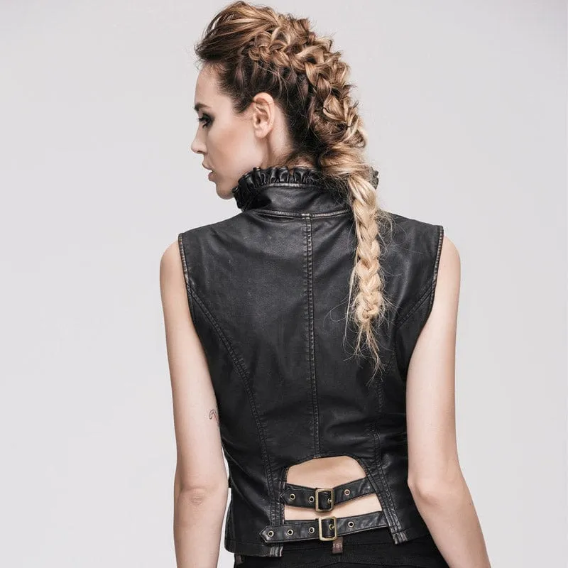 Women's Punk Faux Leather Waistcoat With Leather Frills