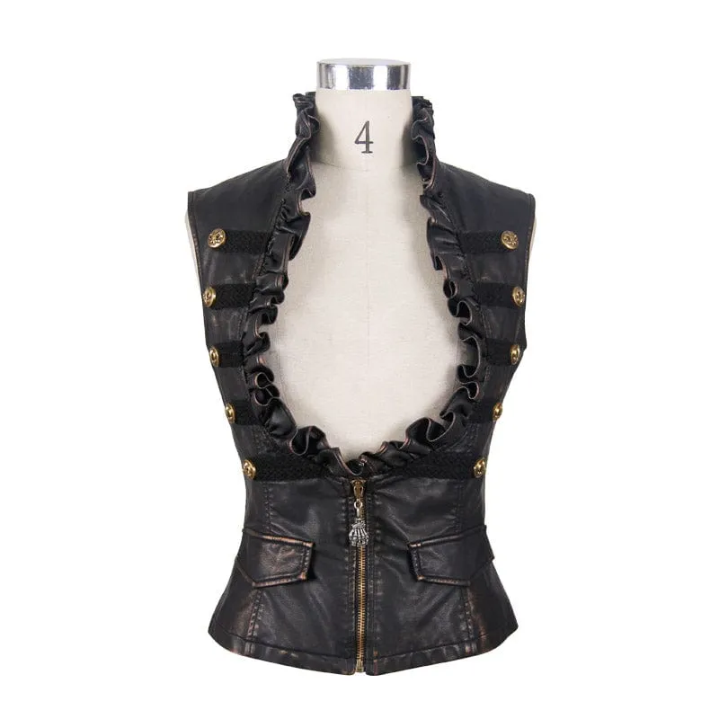 Women's Punk Faux Leather Waistcoat With Leather Frills