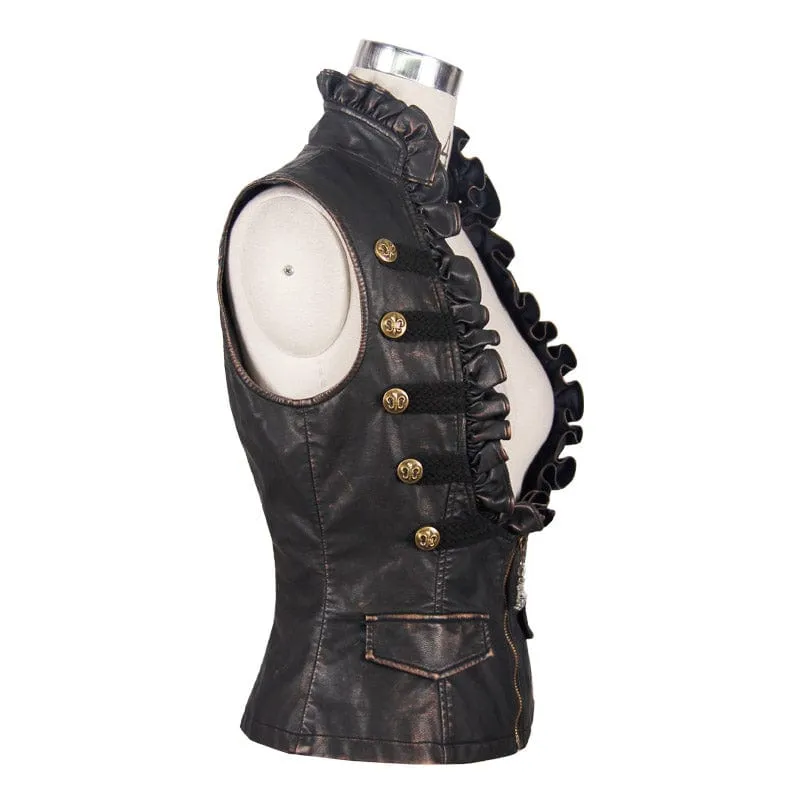 Women's Punk Faux Leather Waistcoat With Leather Frills