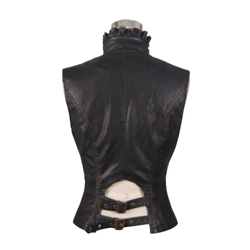 Women's Punk Faux Leather Waistcoat With Leather Frills