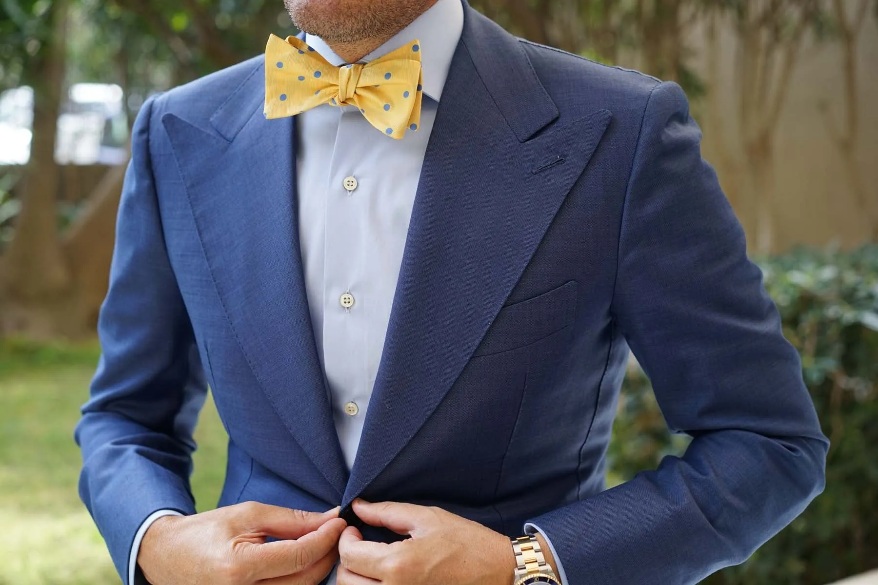 Yellow Bow Tie Untied with Light Blue Polka Dots