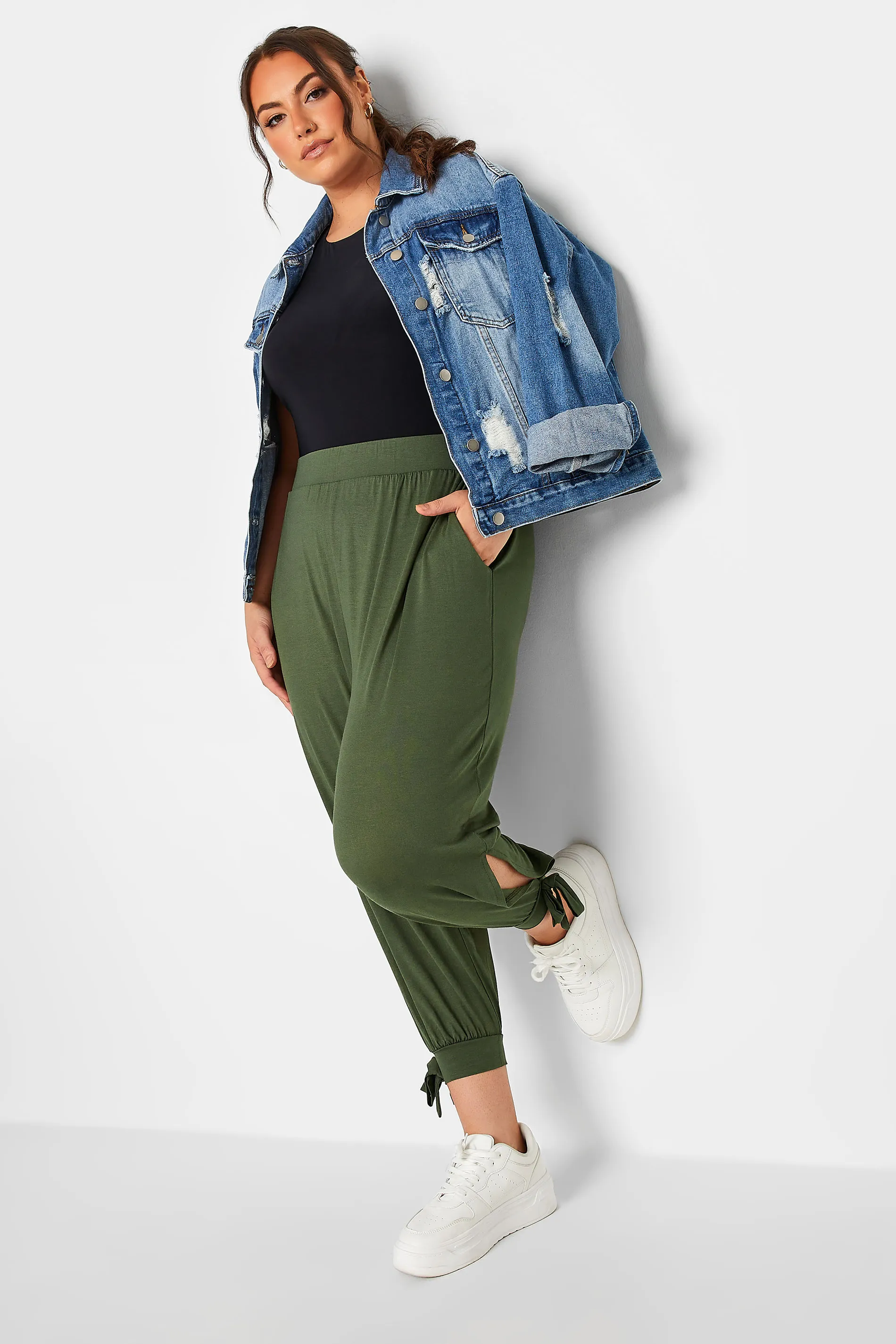 YOURS Curve Green Split Tie Hem Cropped Harem Trousers